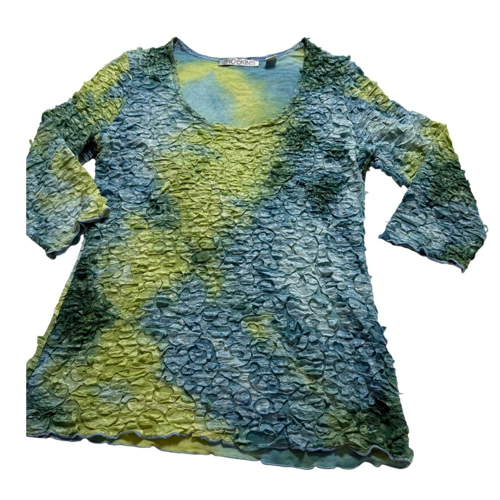 Snoskins Mesh‎ Overlay Top Women Small Blue Green Mermaid Texture 3/4 Sleeve